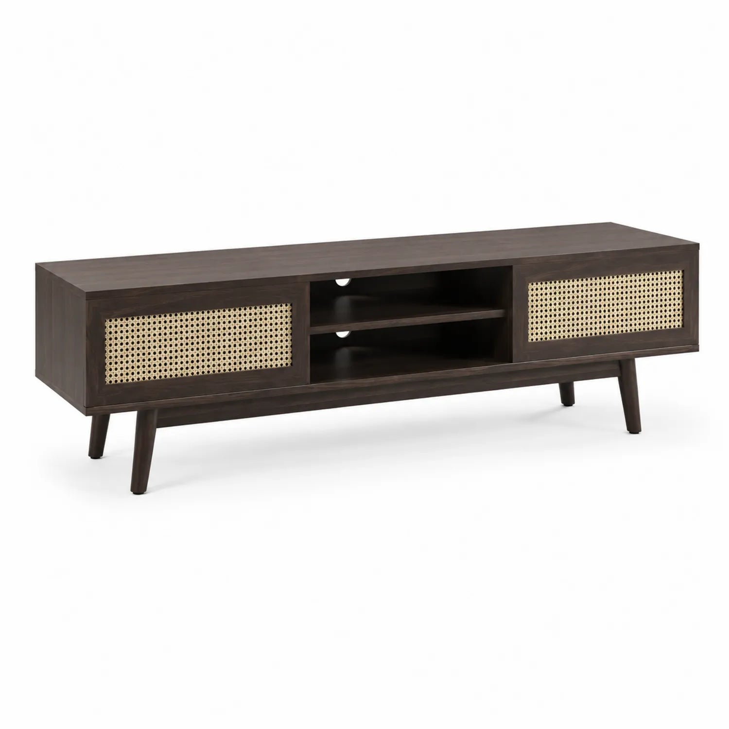 Mueble de TV de madera con puertas de mimbre