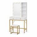 Tocador con Espejo Iluminado y Taburete de MDF y Acero, Blanco y Dorado