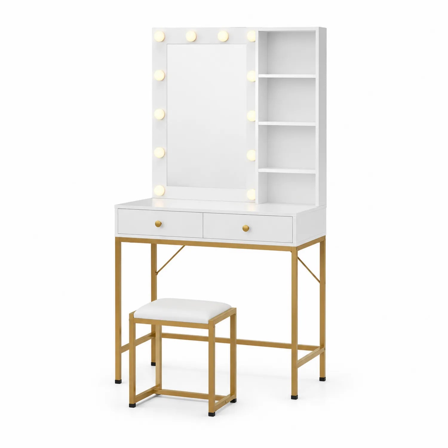 Tocador con Espejo Iluminado y Taburete de MDF y Acero, Blanco y Dorado