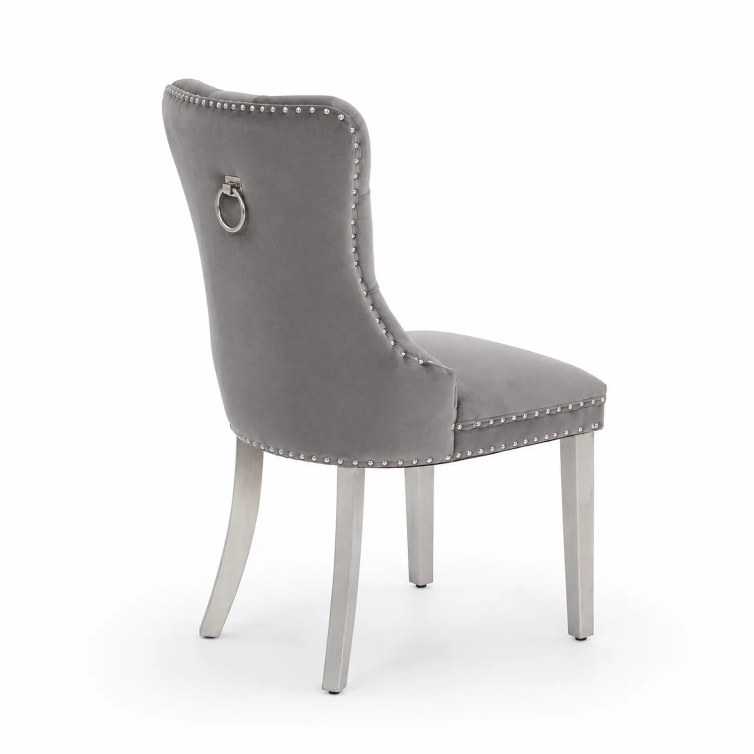 Silla de comedor de terciopelo gris con patas de acero inoxidable