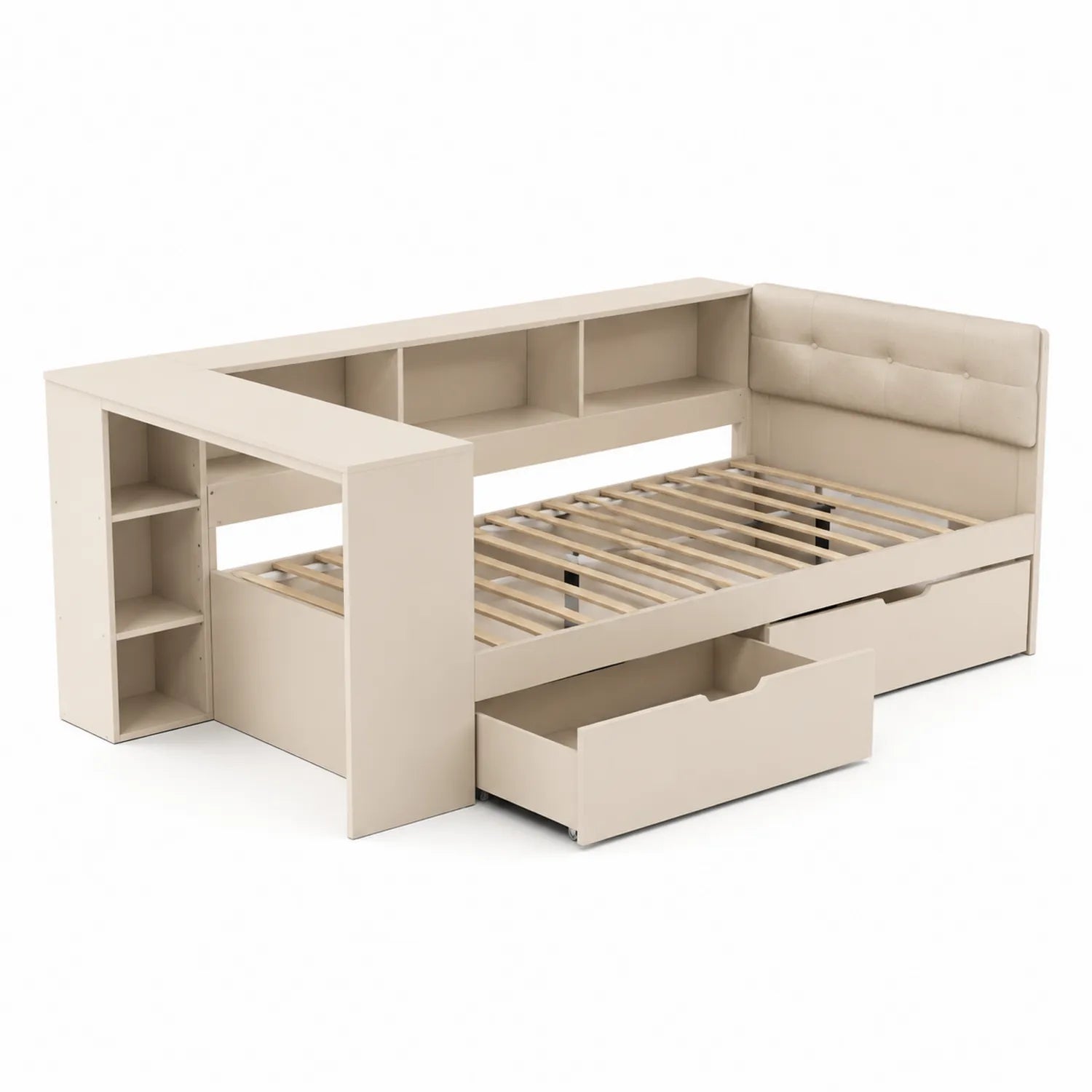 Cama con almacenamiento beige 90x200 cm madera de pino y poliéster