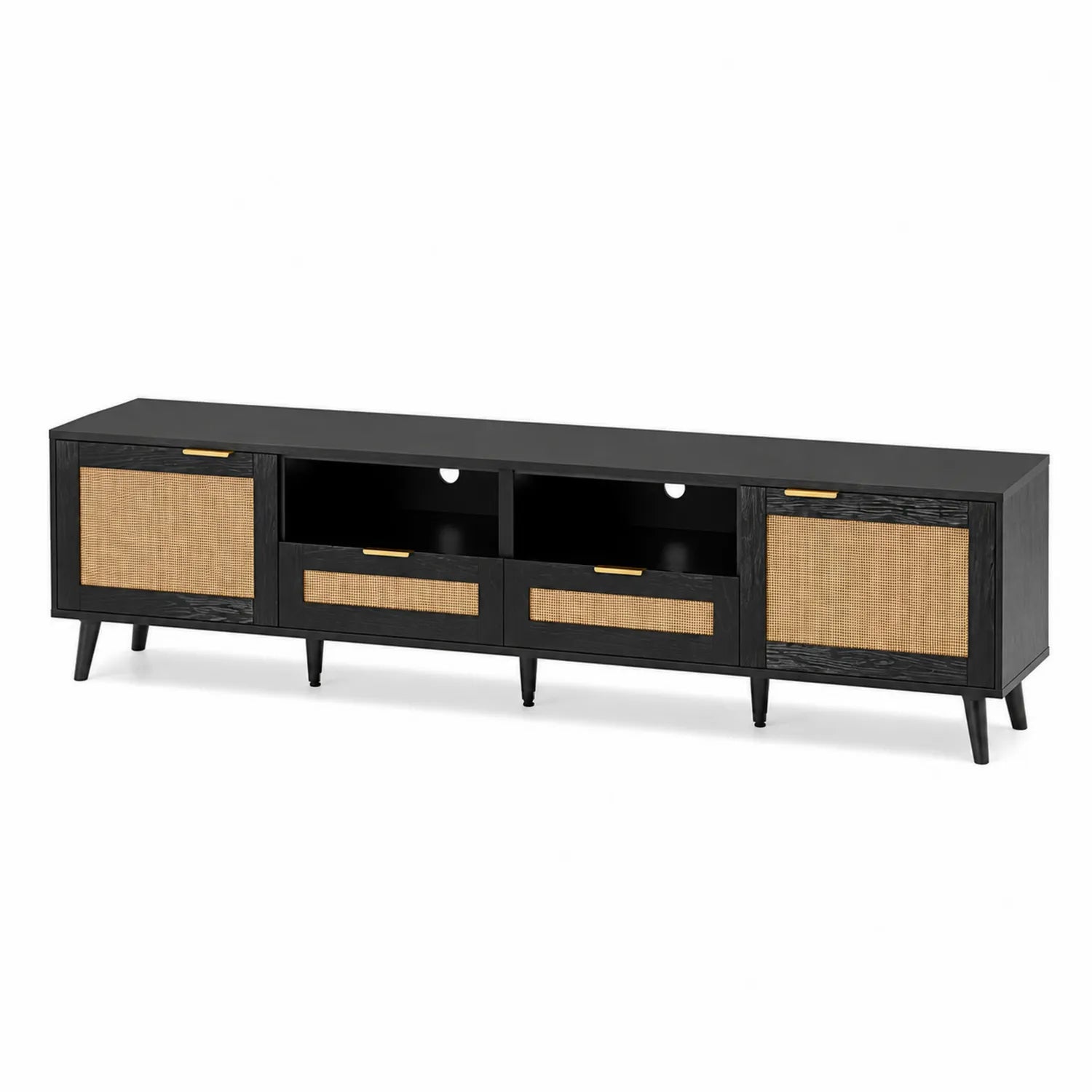 Mueble de TV de Madera y Ratán Negro con Puertas 180x40x50cm