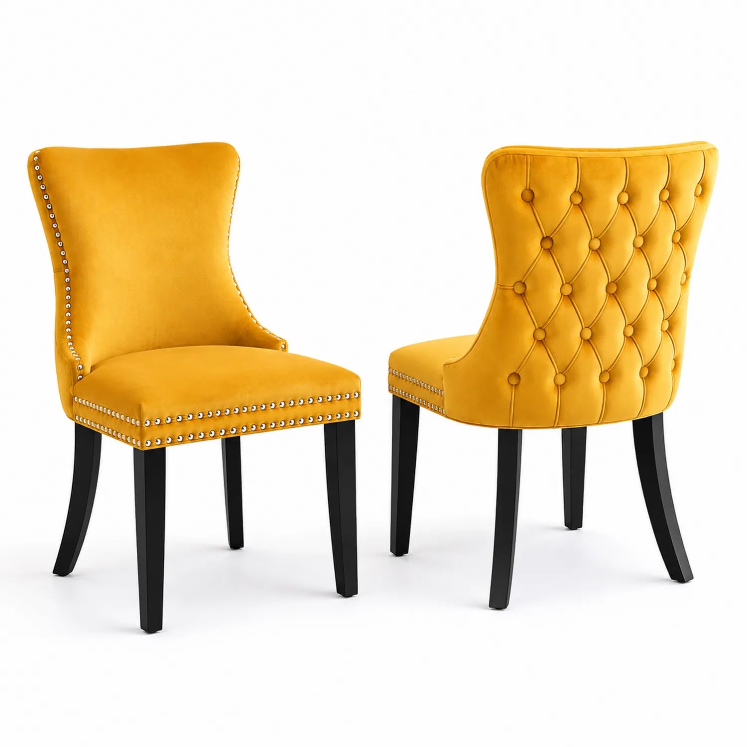Juego de 2 Sillas de Comedor de Terciopelo Amarillo con Tachuelas