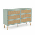 Cómoda de Madera y Ratán Verde de 6 Cajones