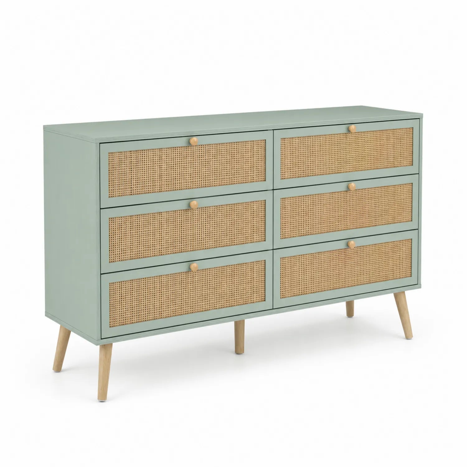 Cómoda de Madera y Ratán Verde de 6 Cajones