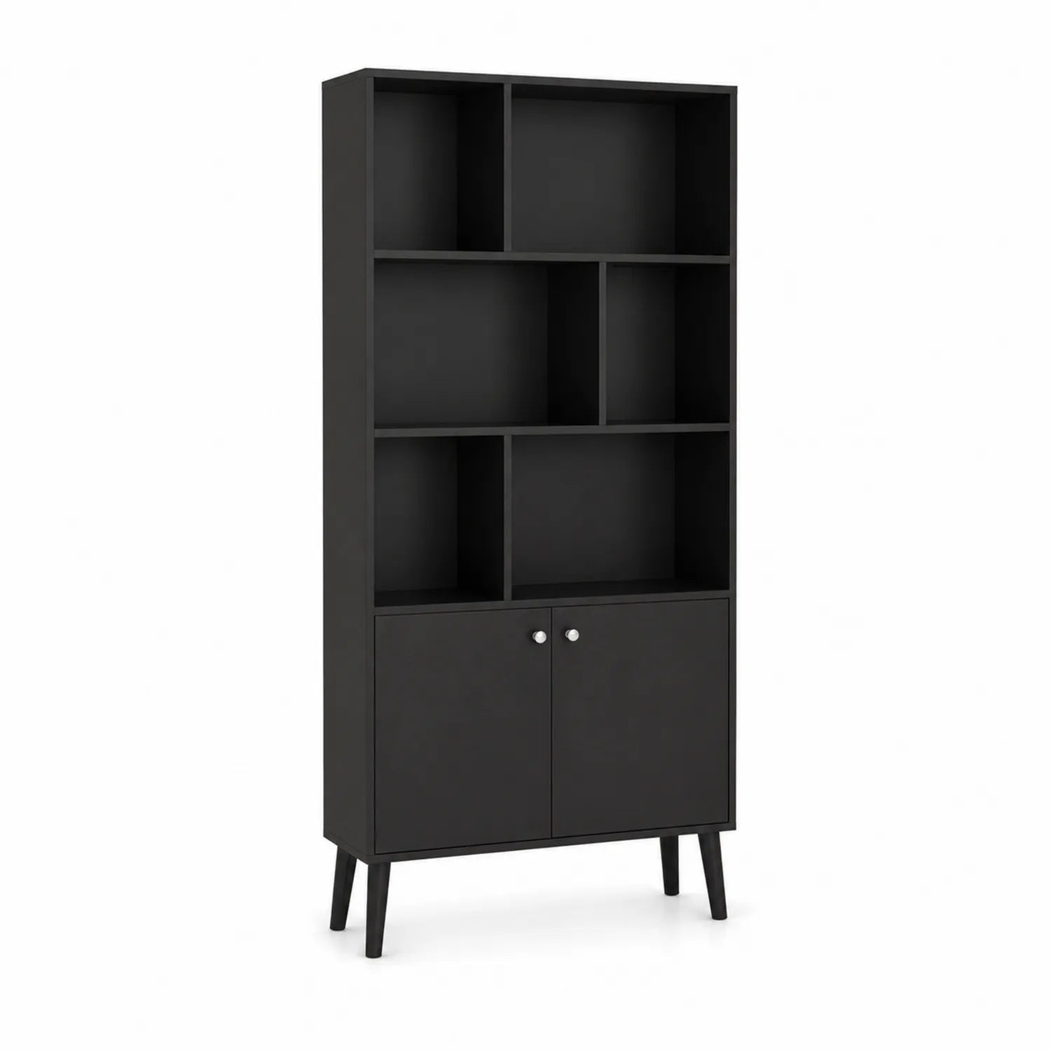 Estantería alta de madera negra con puertas y estantes abiertos 180x80x30cm