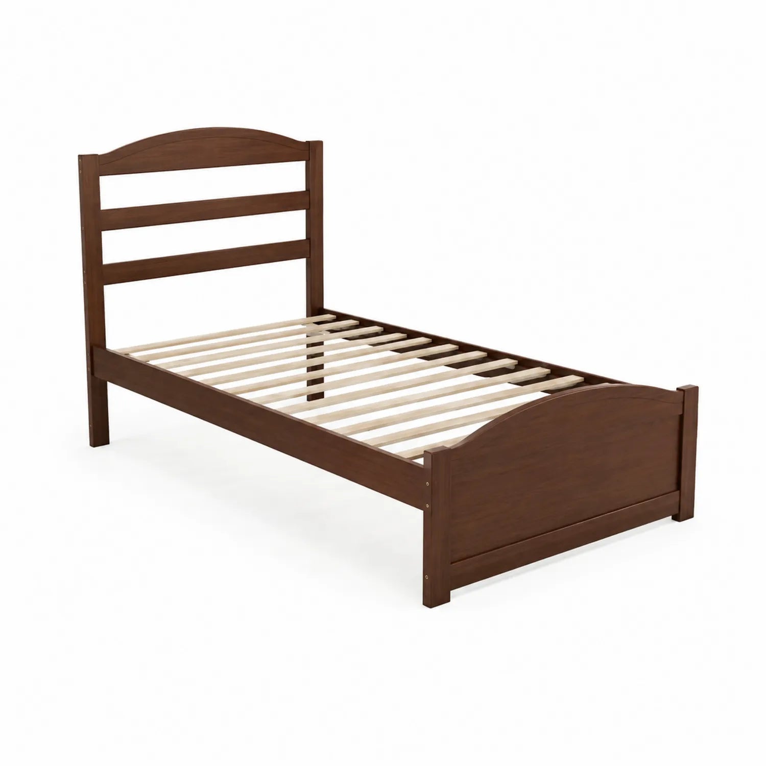 Cama individual de madera de pino marrón con cabecero arqueado