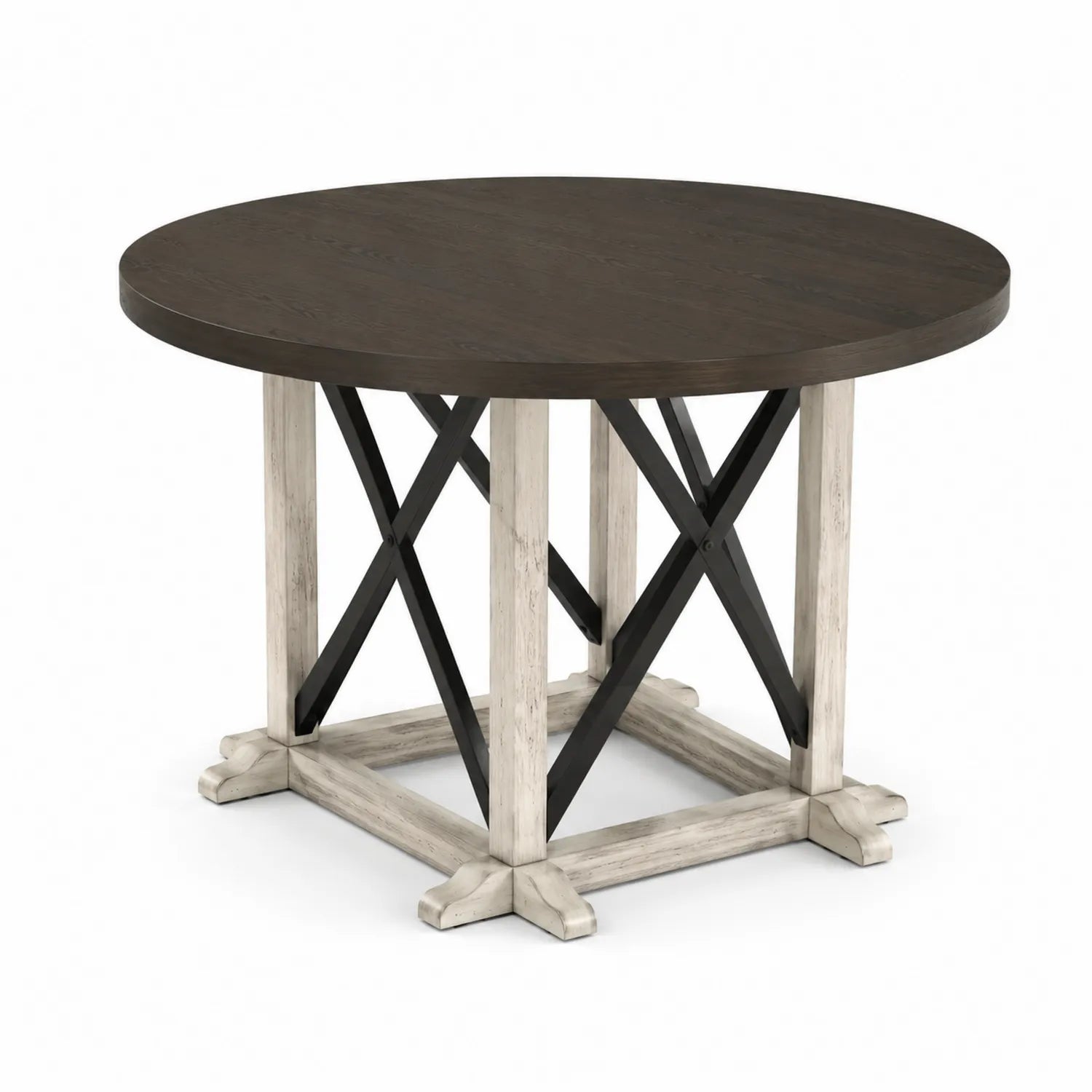 Mesa de comedor redonda de madera y metal marrón oscuro
