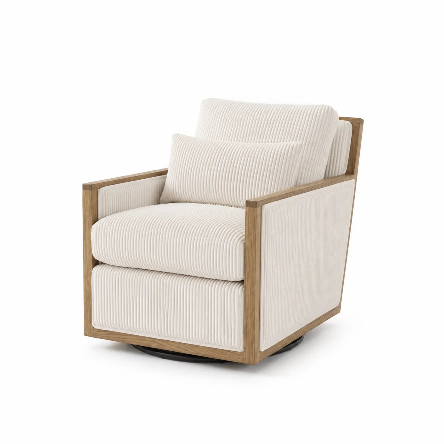 Silla Giratoria de Tela Acanalada Beige con Estructura de Roble