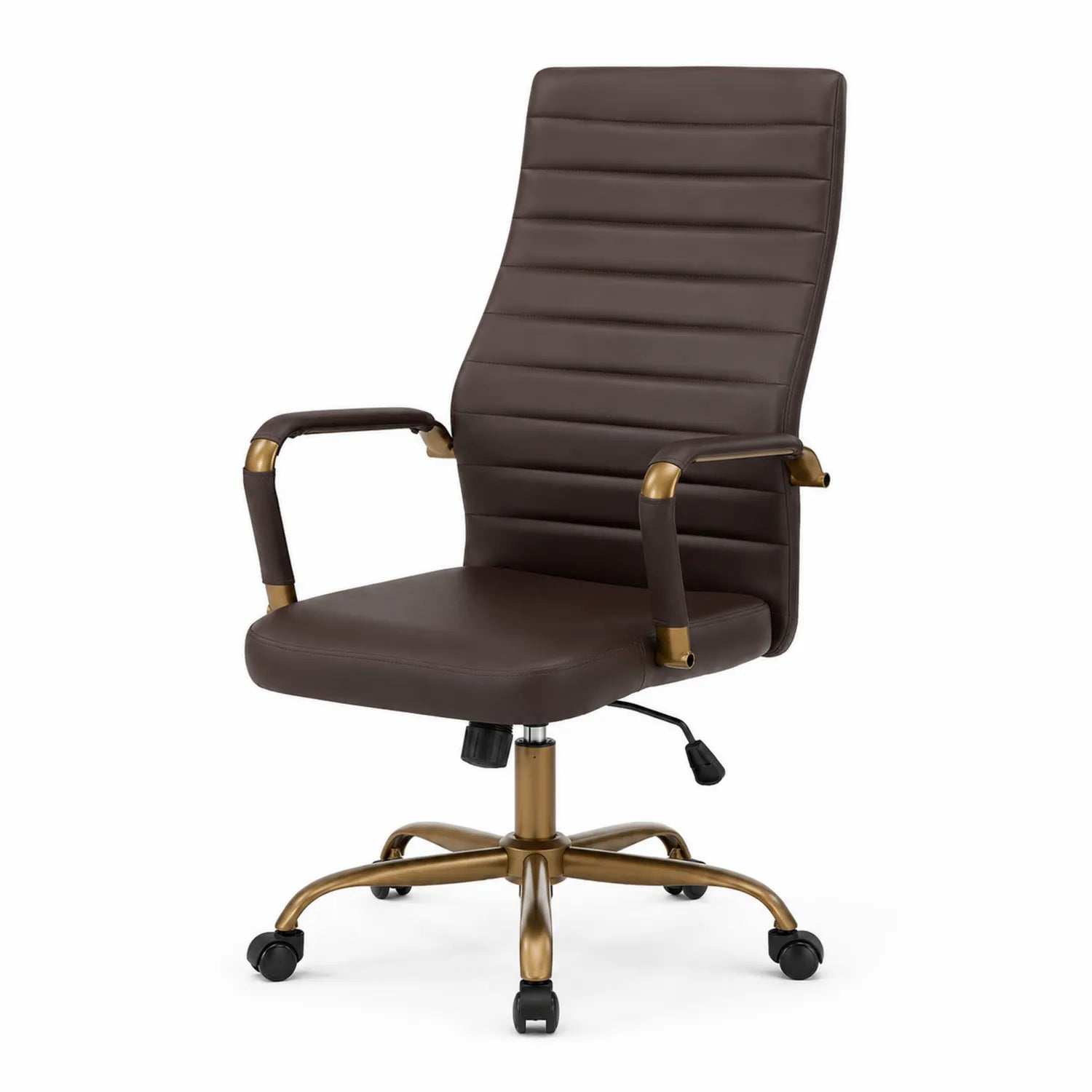 Silla de oficina de cuero sintético marrón con base dorada
