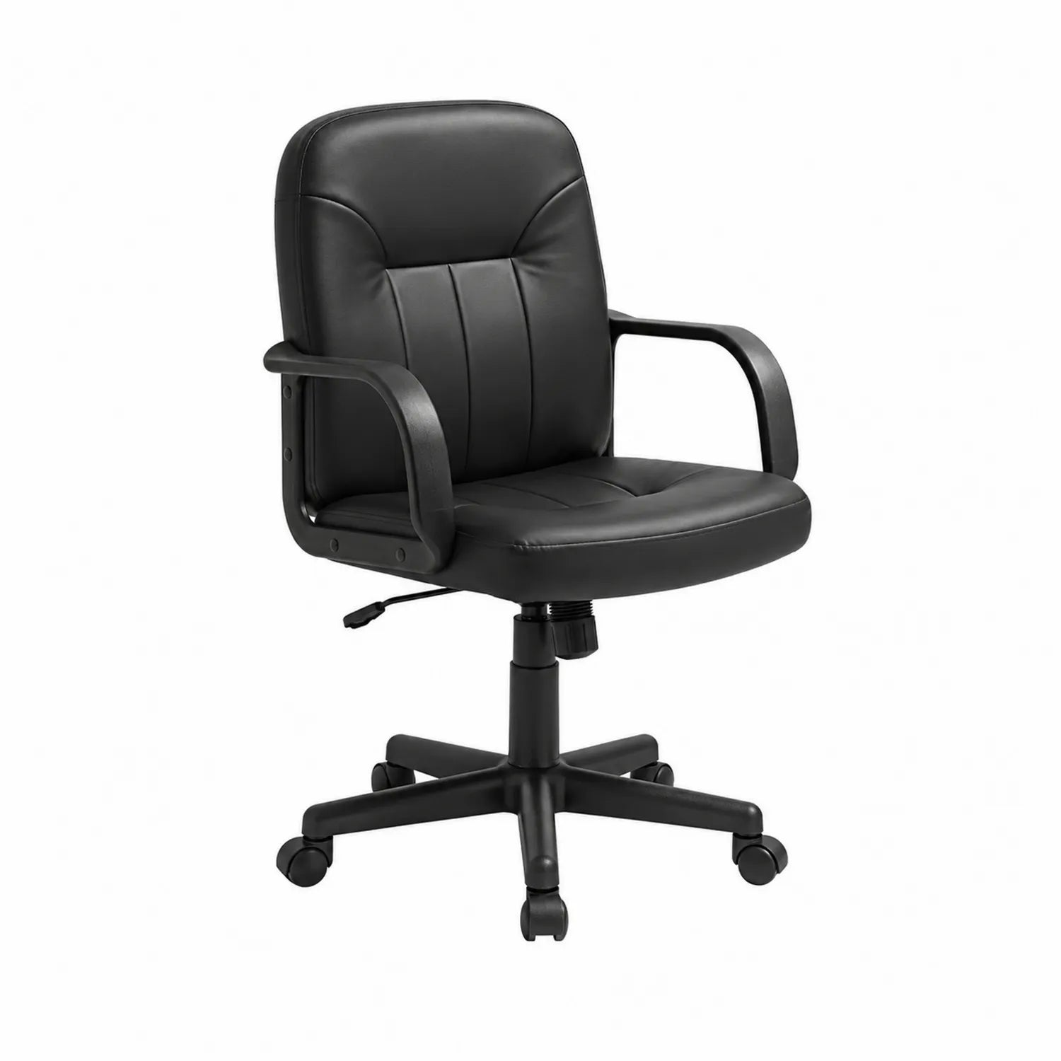 Silla giratoria de cuero sintético negra con ruedas