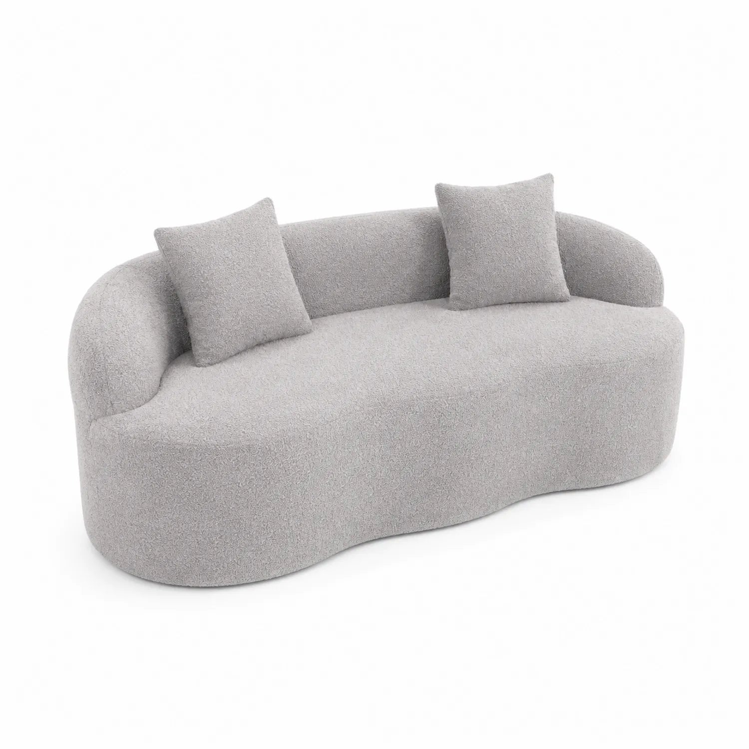 Sofá curvado de tela bouclé gris claro con cojines