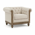 Sillón de Madera y Tela Beige con Tachuelas