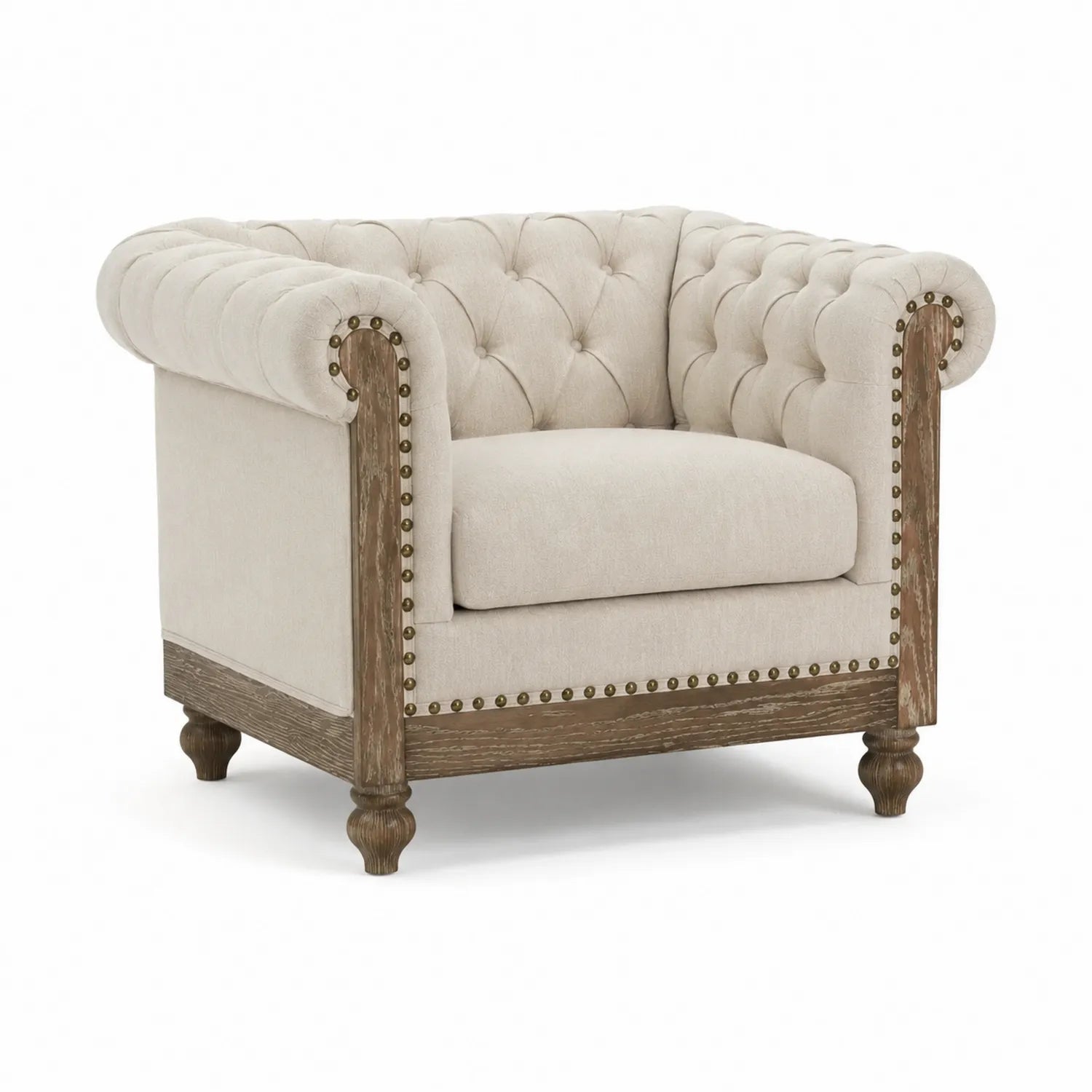 Sillón de Madera y Tela Beige con Tachuelas