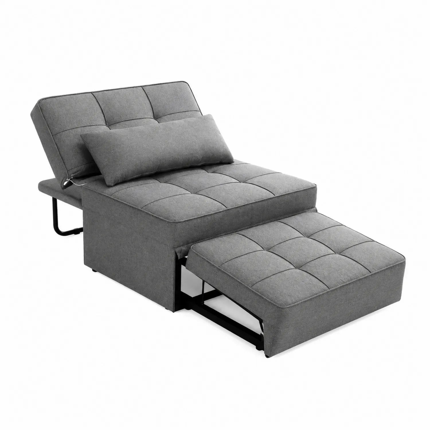 Sofá cama individual de tejido gris con estructura metálica