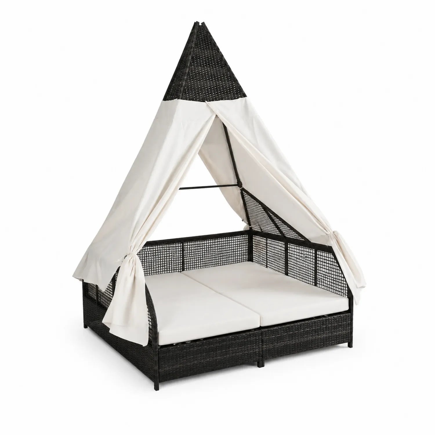 Cama Balinesa de Ratán Sintético con Dosel y Cojines