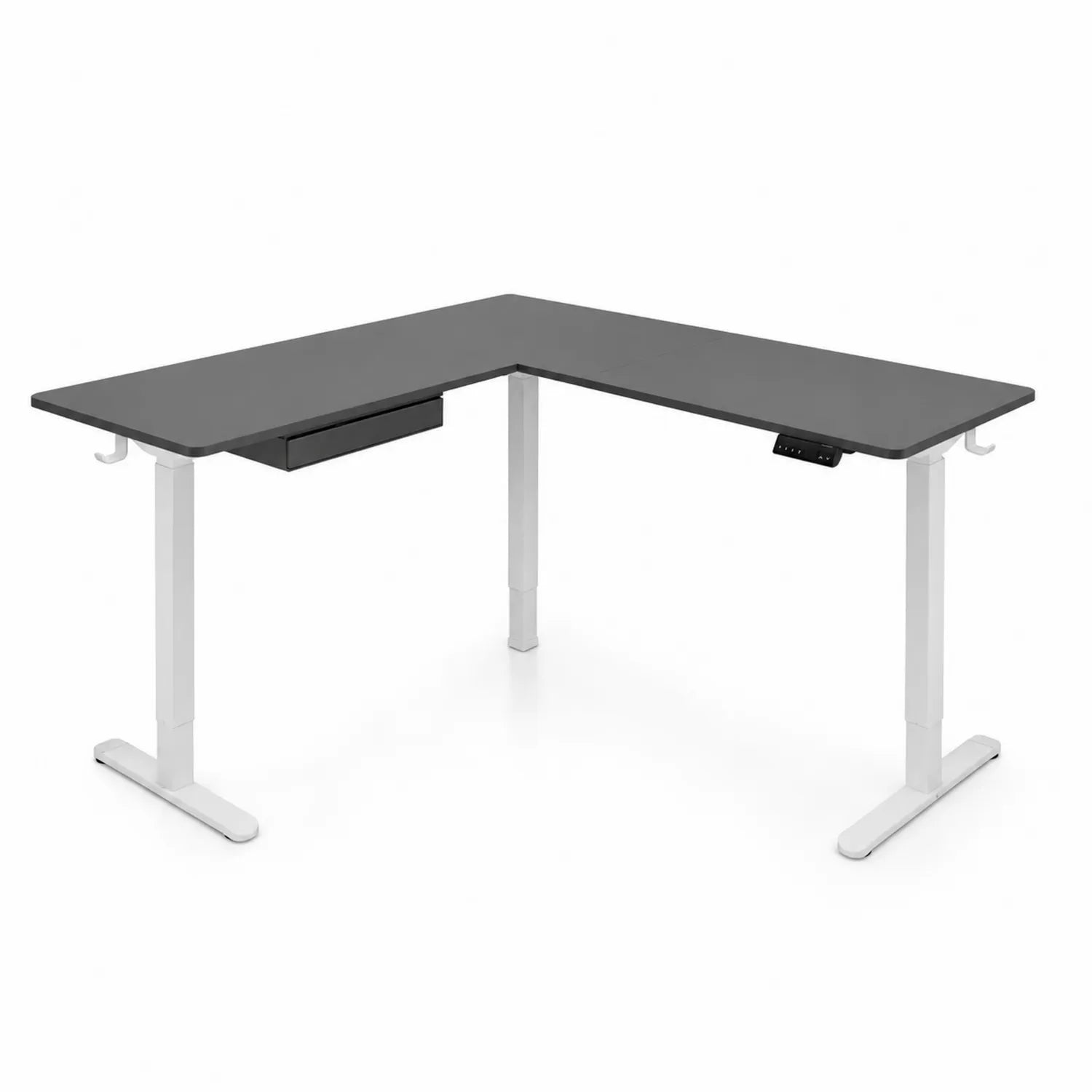 Escritorio de oficina en forma de L con altura ajustable, MDF y acero, Negro/Blanco