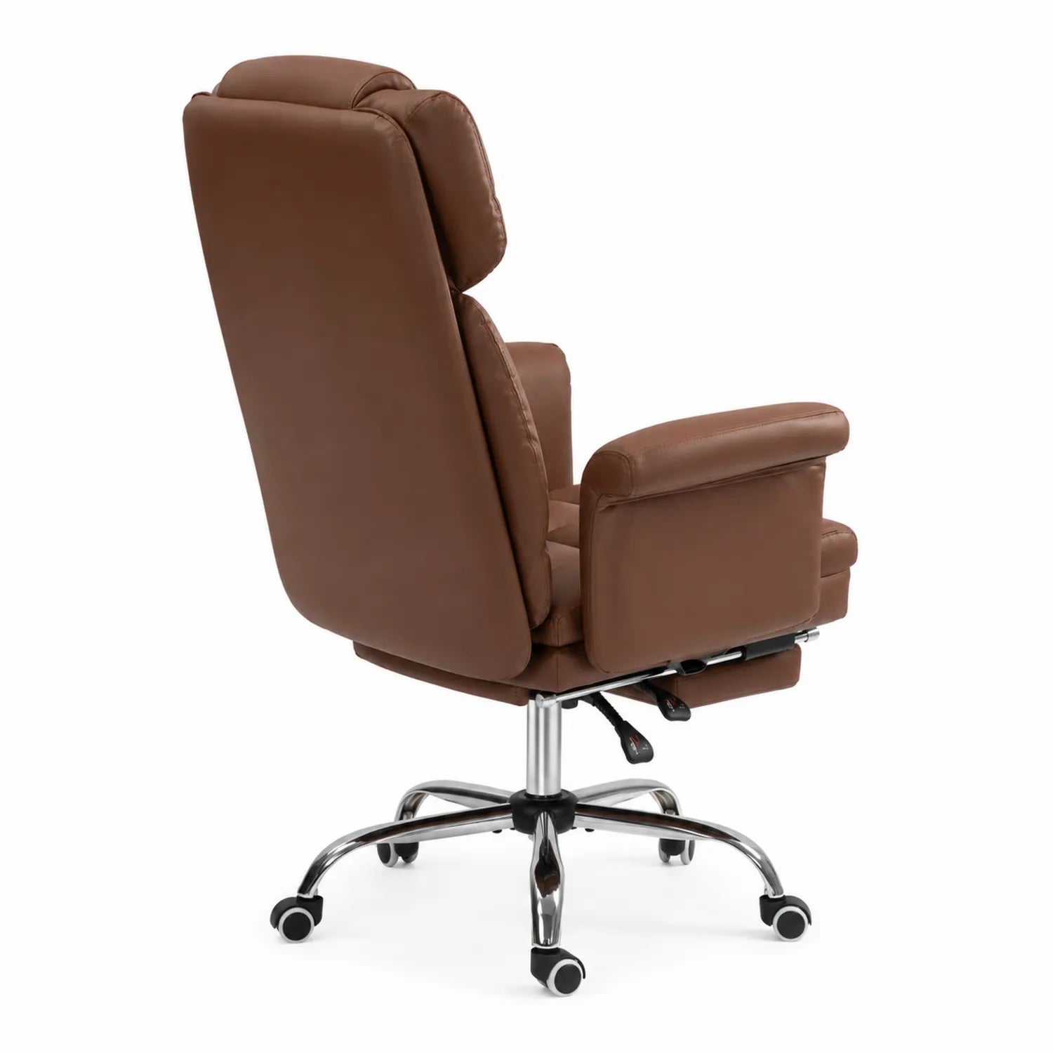 Silla giratoria de cuero sintético marrón con base de acero cromado
