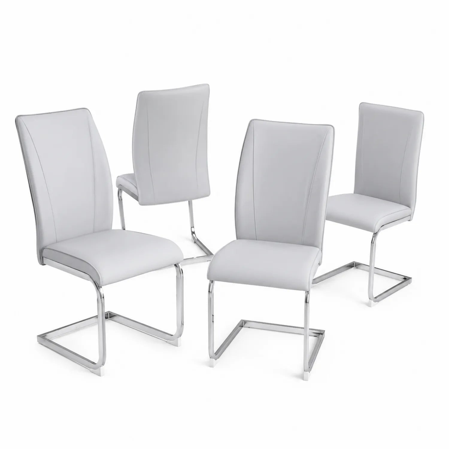 Conjunto de 4 sillas de comedor de cuero sintético con estructura de acero cromado Gris