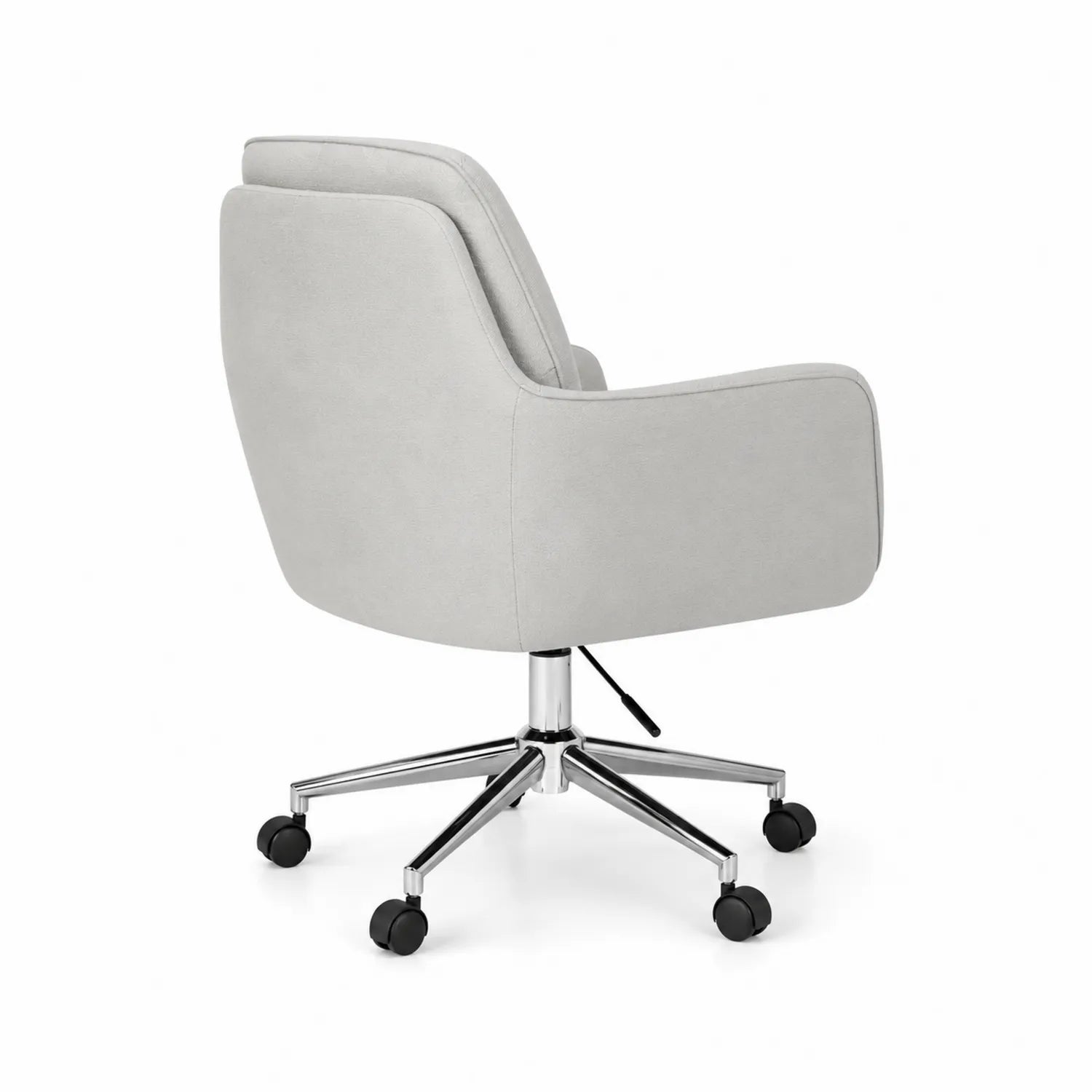 Silla giratoria de poliéster gris con base de acero cromado y ruedas