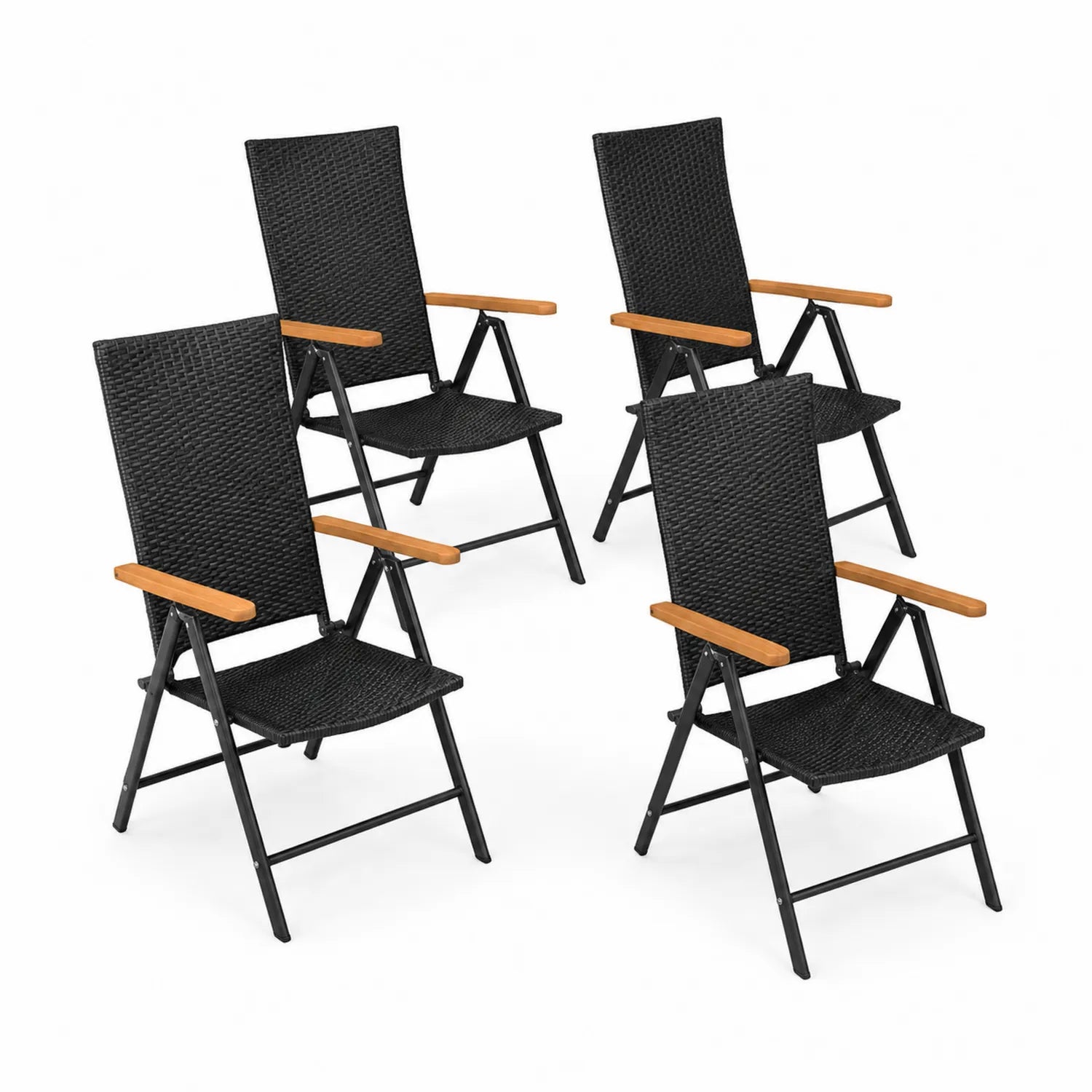 Conjunto de 4 sillas plegables de poliratán y metal con reposabrazos de madera