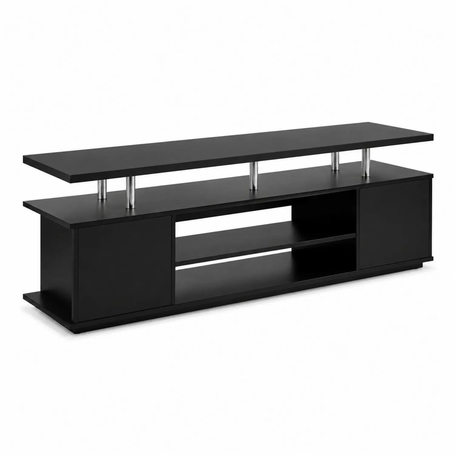 Mueble de TV negro con estantes de madera y soportes metálicos 40x160x35 cm