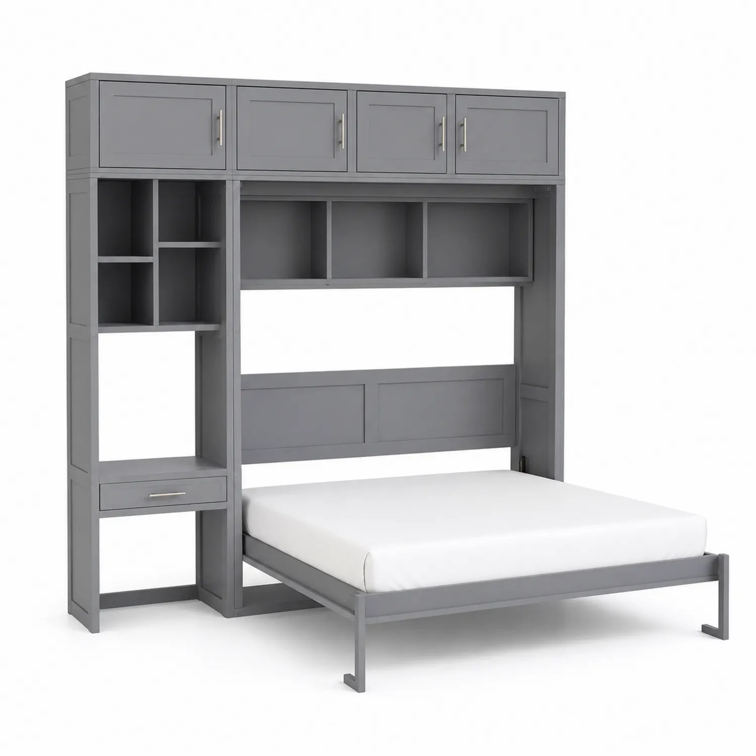 Cama abatible de madera con almacenamiento y estantes gris