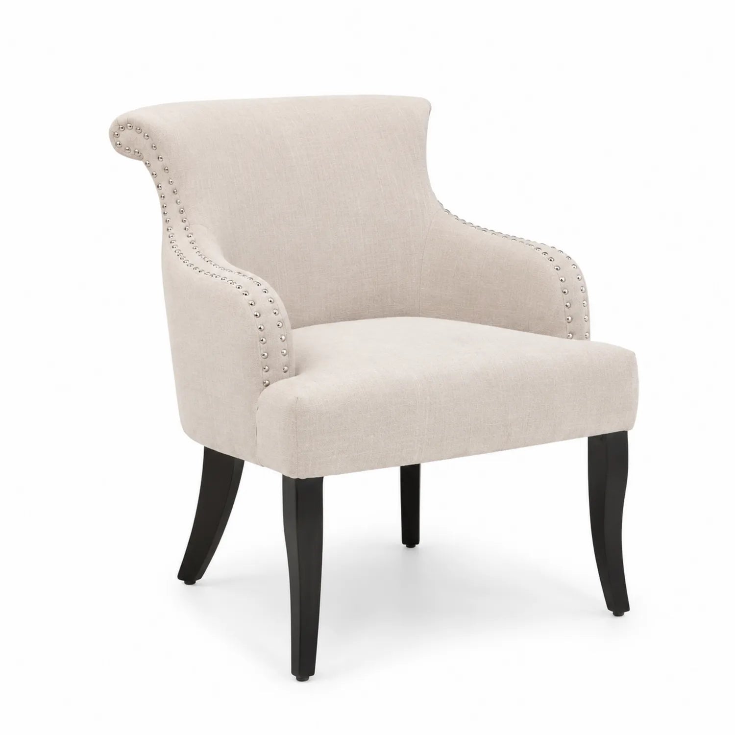 Silla de Tela Beige con Tachuelas y Patas de Madera