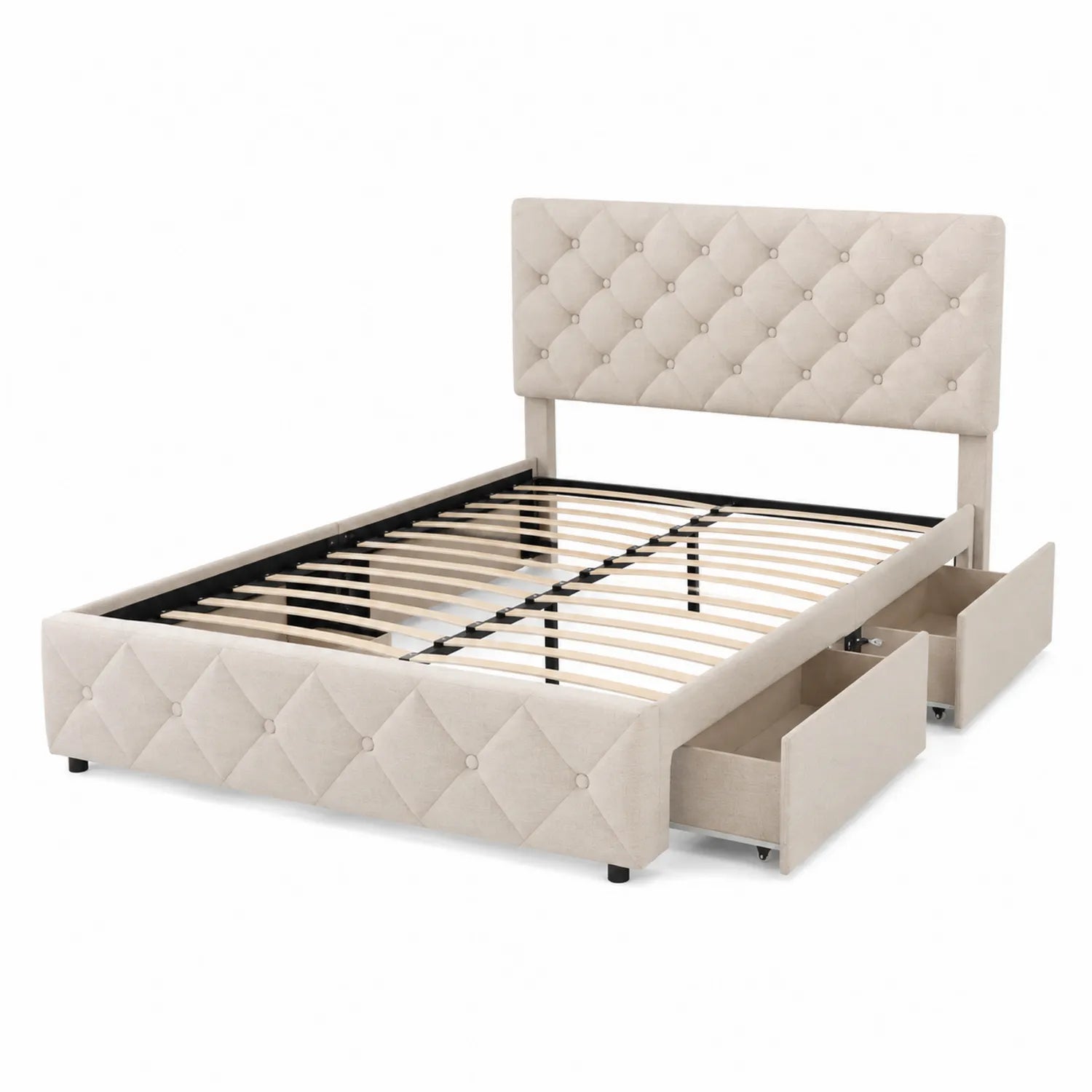Cama tapizada con cabecero y cajones de tela Beige 200x160 cm