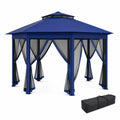 Pérgola de jardín azul 3x3 m con cortinas y estructura de aluminio