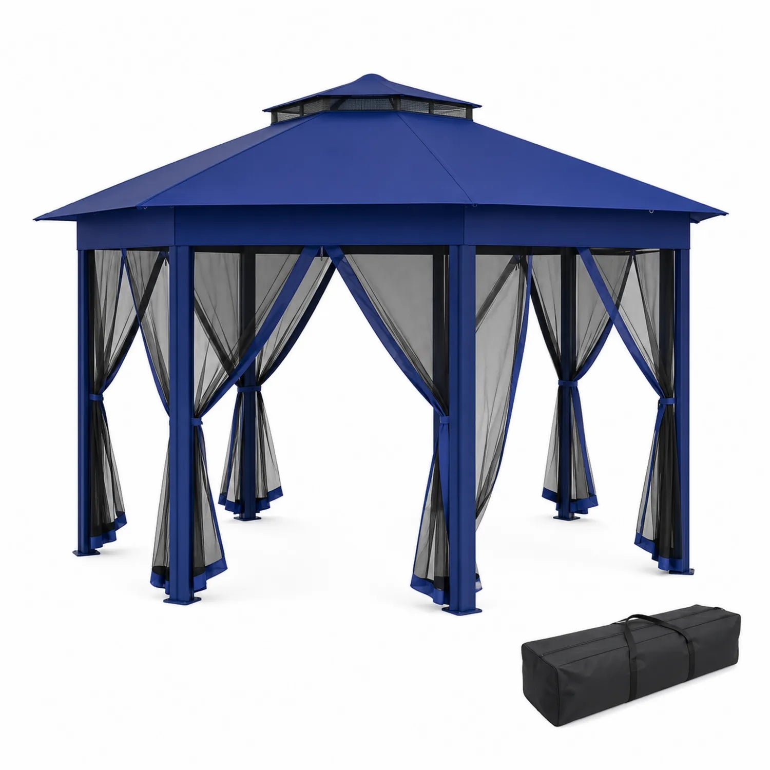 Pérgola de jardín azul 3x3 m con cortinas y estructura de aluminio
