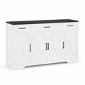 Aparador de Madera Blanca con Encimera de MDF Negro 4 Puertas 3 Cajones 150cm