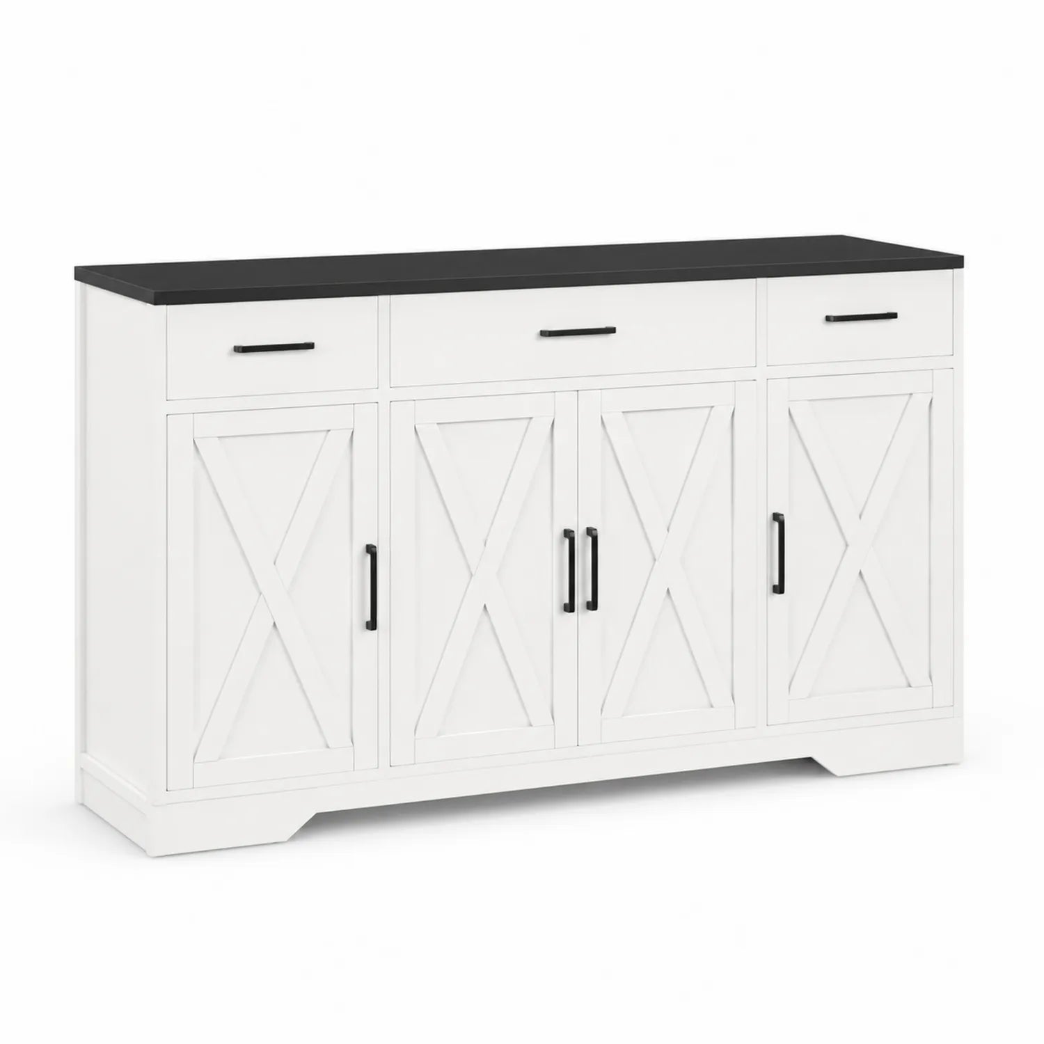 Aparador de Madera Blanca con Encimera de MDF Negro 4 Puertas 3 Cajones 150cm