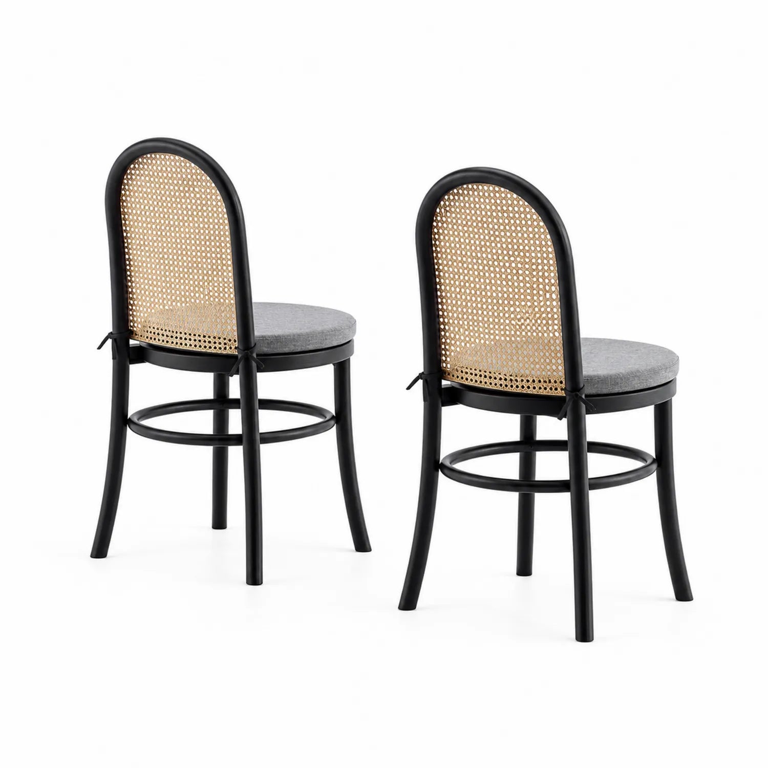 Conjunto de 2 sillas de comedor con respaldo de ratán y asiento de tela gris