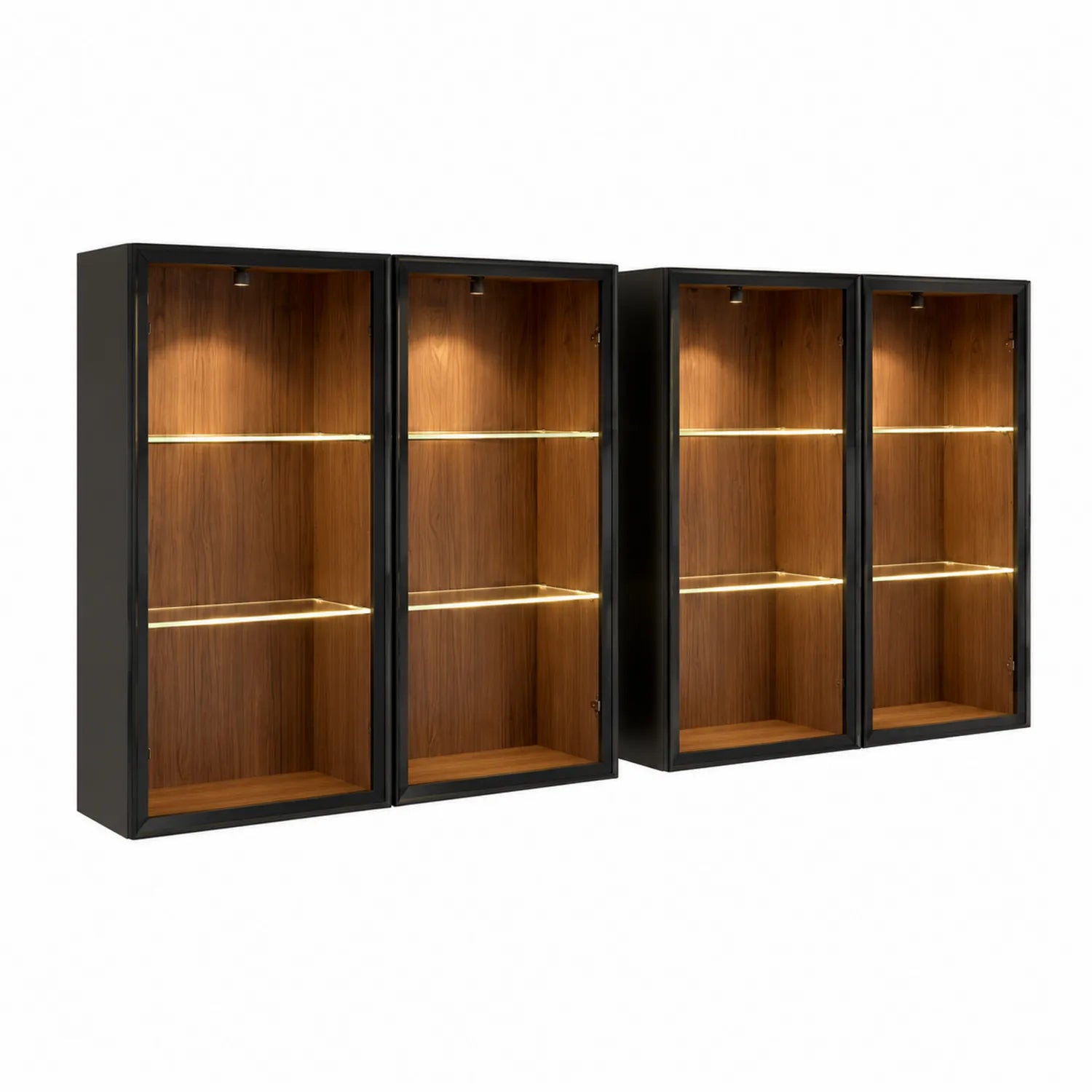 Juego de vitrinas de acero y vidrio templado Negro/Madera