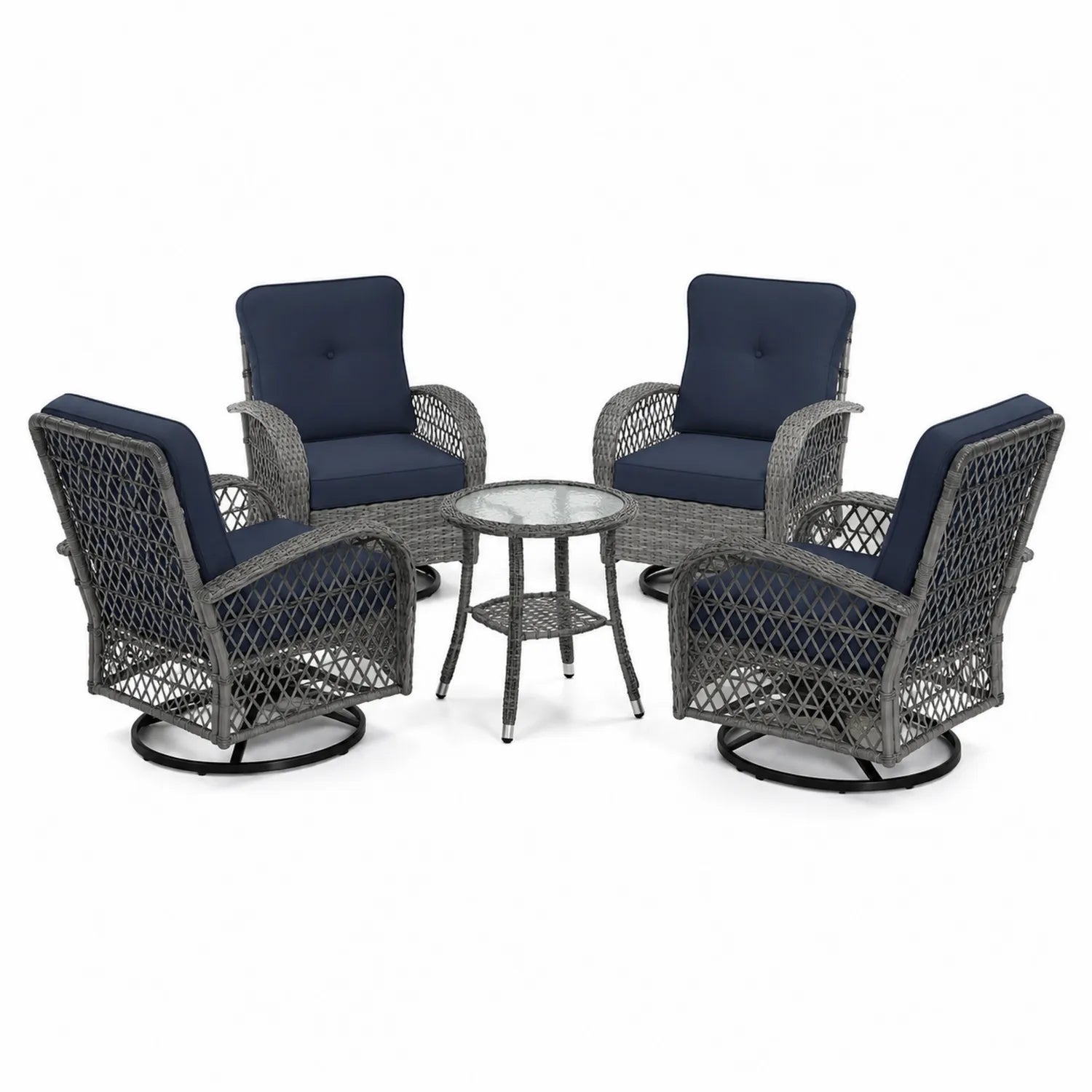 Set de muebles de exterior con sillas giratorias de ratán y mesa de vidrio templado