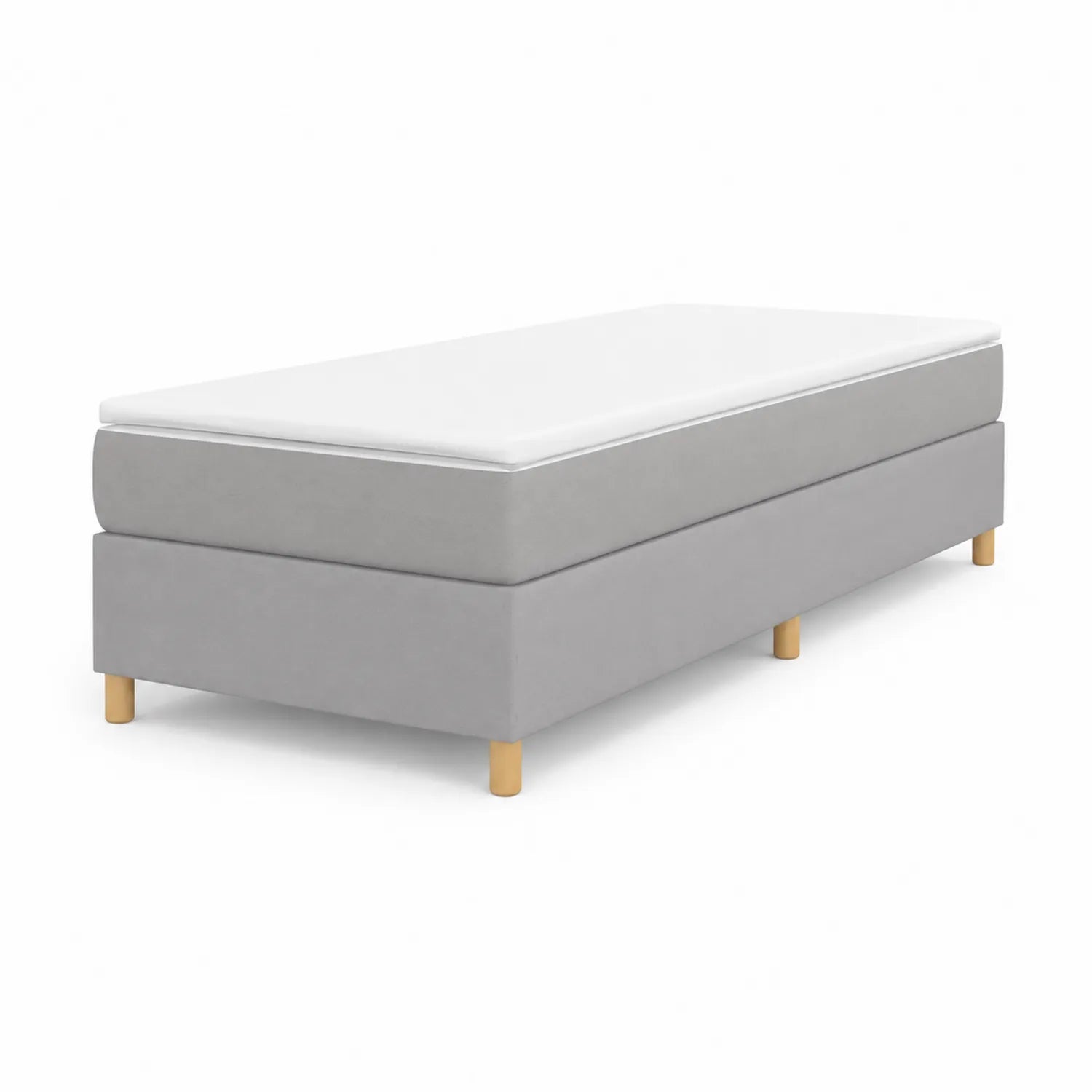 Cama individual tapizada en tela gris con patas de madera