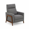 Silla reclinable de tela gris con estructura de madera