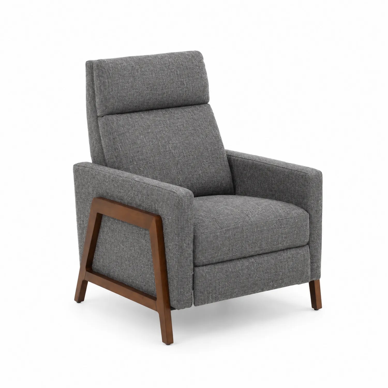 Silla reclinable de tela gris con estructura de madera