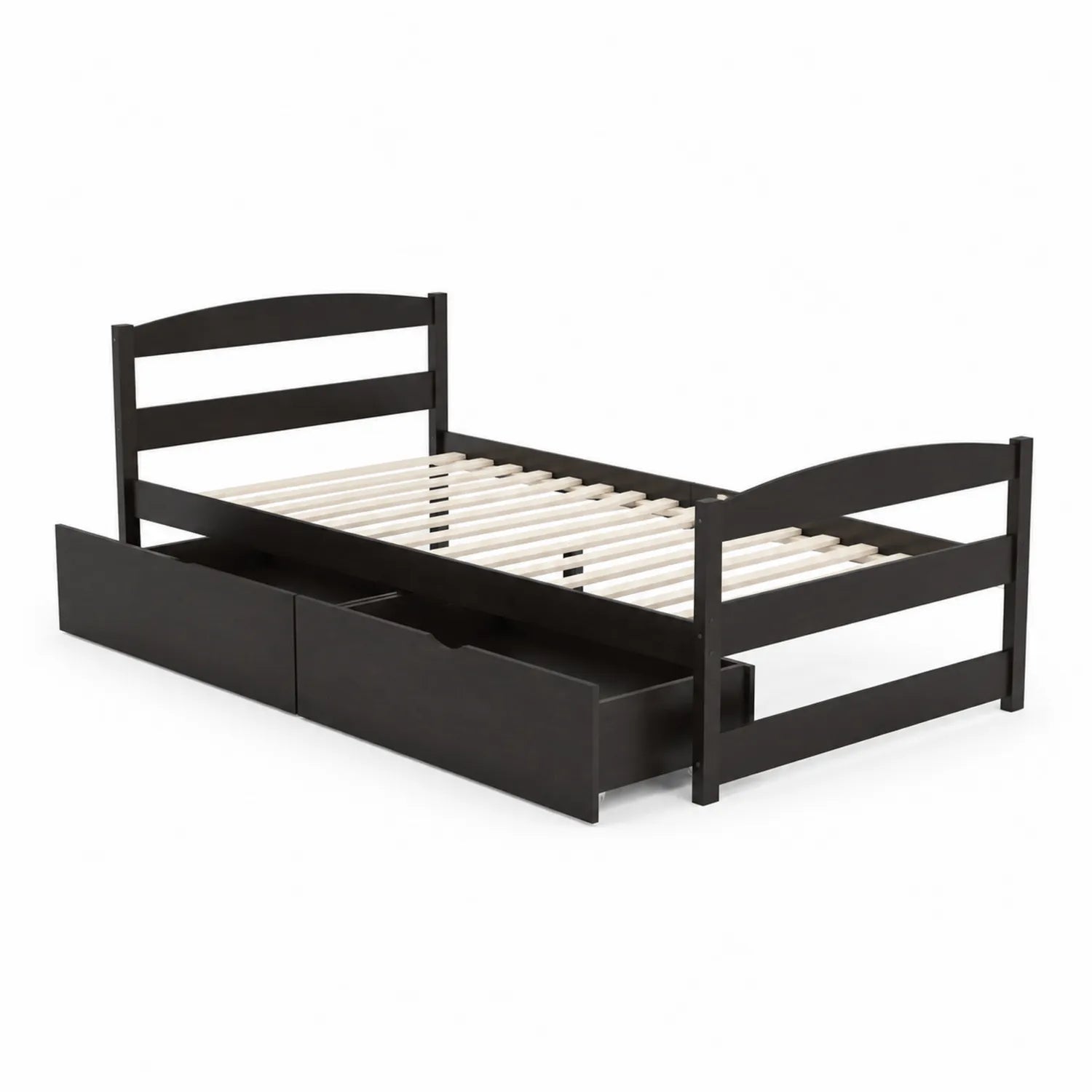 Cama individual de madera negra con cajones