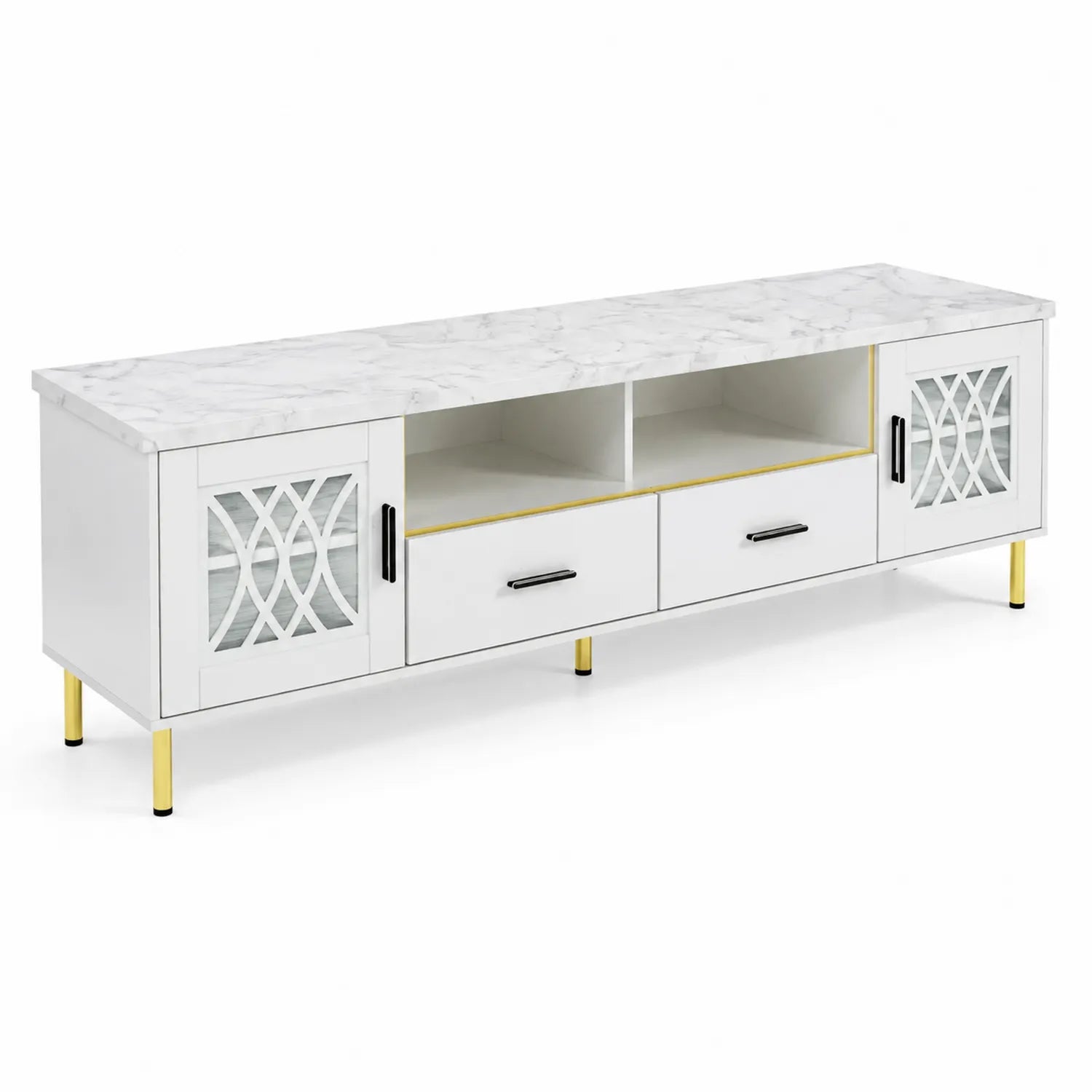 Mueble de TV Blanco con Superficie de Mármol Sintético y Patas Doradas, 180 cm