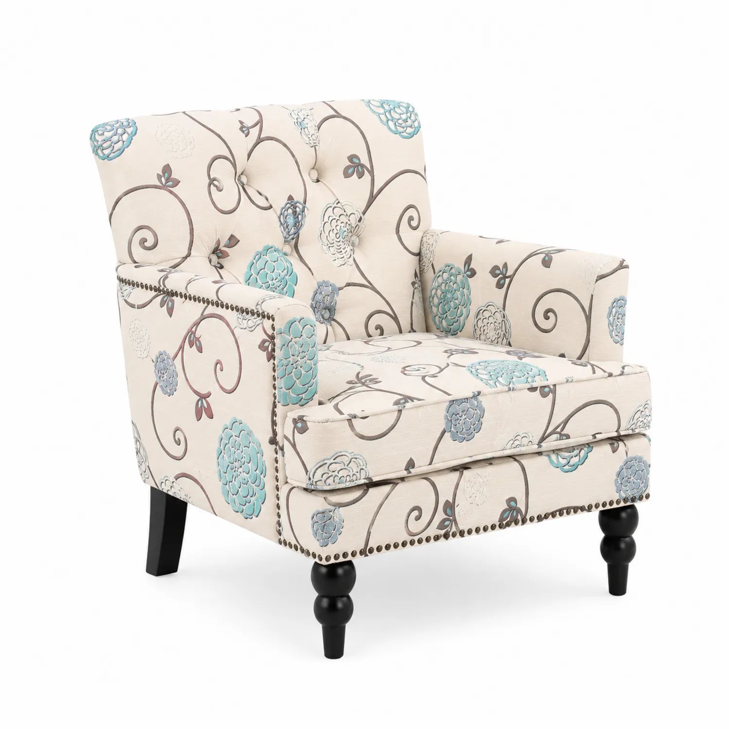 Sillón de tela de poliéster estampada con patas de madera