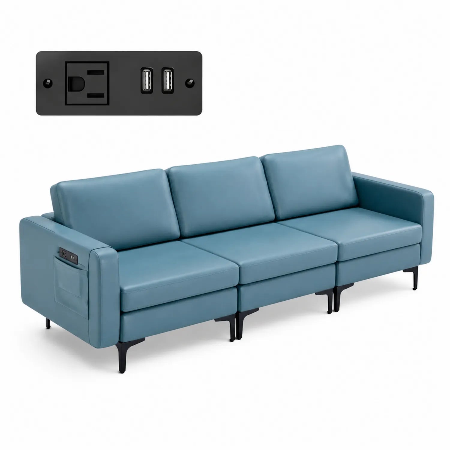 Sofá de 3 plazas de cuero sintético azul con puerto USB