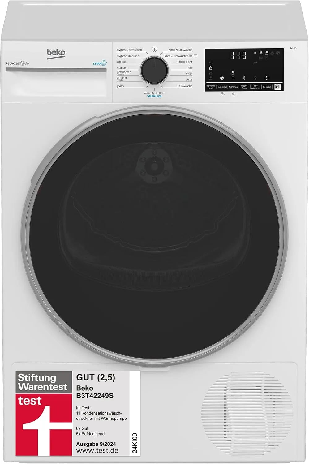 Beko B3T42249S, Varmepumpetørretumblere, Varmepumpe tørretumbler, 8 kg, allergisk, hygiejnetørring og hygiejne, Hvid, 2, 5 G, 11 v