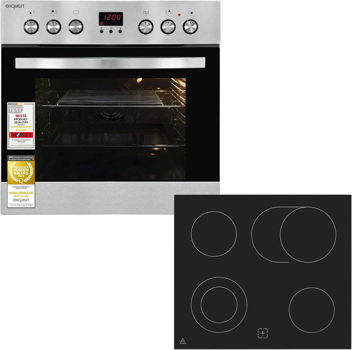 Exquisit, Komfursæt, Udsøgt Inox - ovn 58 l tvungen luft & glas keramik kogetop, Sølv, 58 l, 0, 77 kW, 51 dB