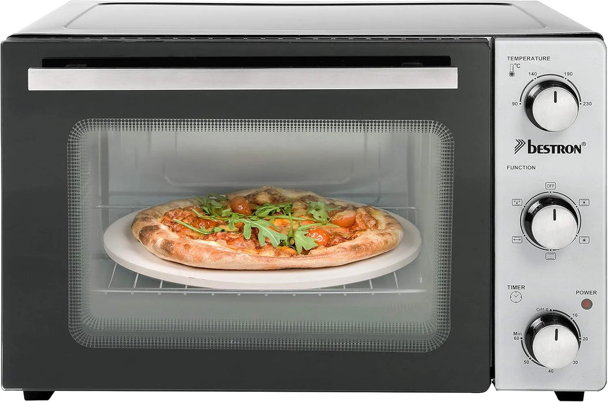 Bestron AOV31PS, Miniovne, Kompakt miniovn med roterende skeer og pizza sten, 31 liter, 1500 watt, rustfrit, Sølv, 31 l, 1500 w, 4 v, 92 cm