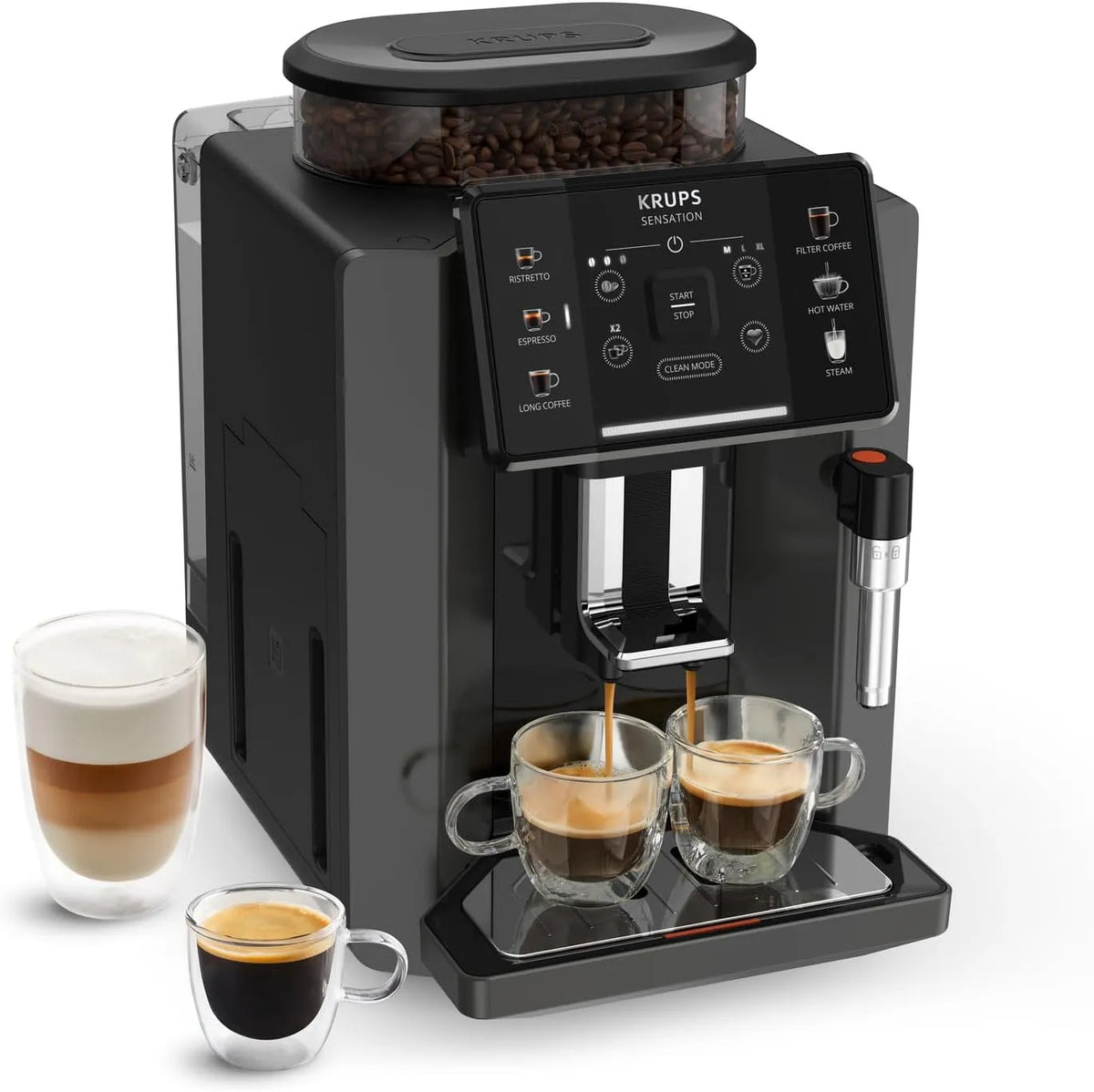 KRUPS 2-Tassen-Funktion 2-cups, Fuldautomatiske kaffemaskiner, Karessensation kaffe Fuldt automatisk med mælk skum dyse, Kaffemaskine til