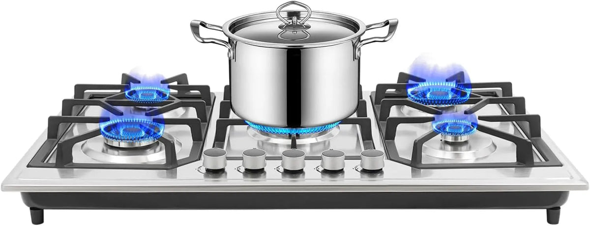 KAPIPALA, Kogeplader, Gas Hob i rustfrit stål 5 Flamme med automatisk termoelement beskyttelse LPG, Sølv, 86x51x12cm, 1 kw, 1.35mm, 1.15mm