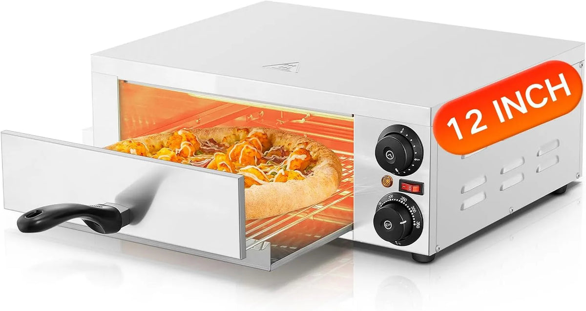 FOHERE 15-Minuten-Timer 15-minutters, Pizzaovne, Professionel Pizzaofen 2000W, 12 tommer Kommerciel Pizza ovn Elektrisk rustfrit, Sølv, 2000W