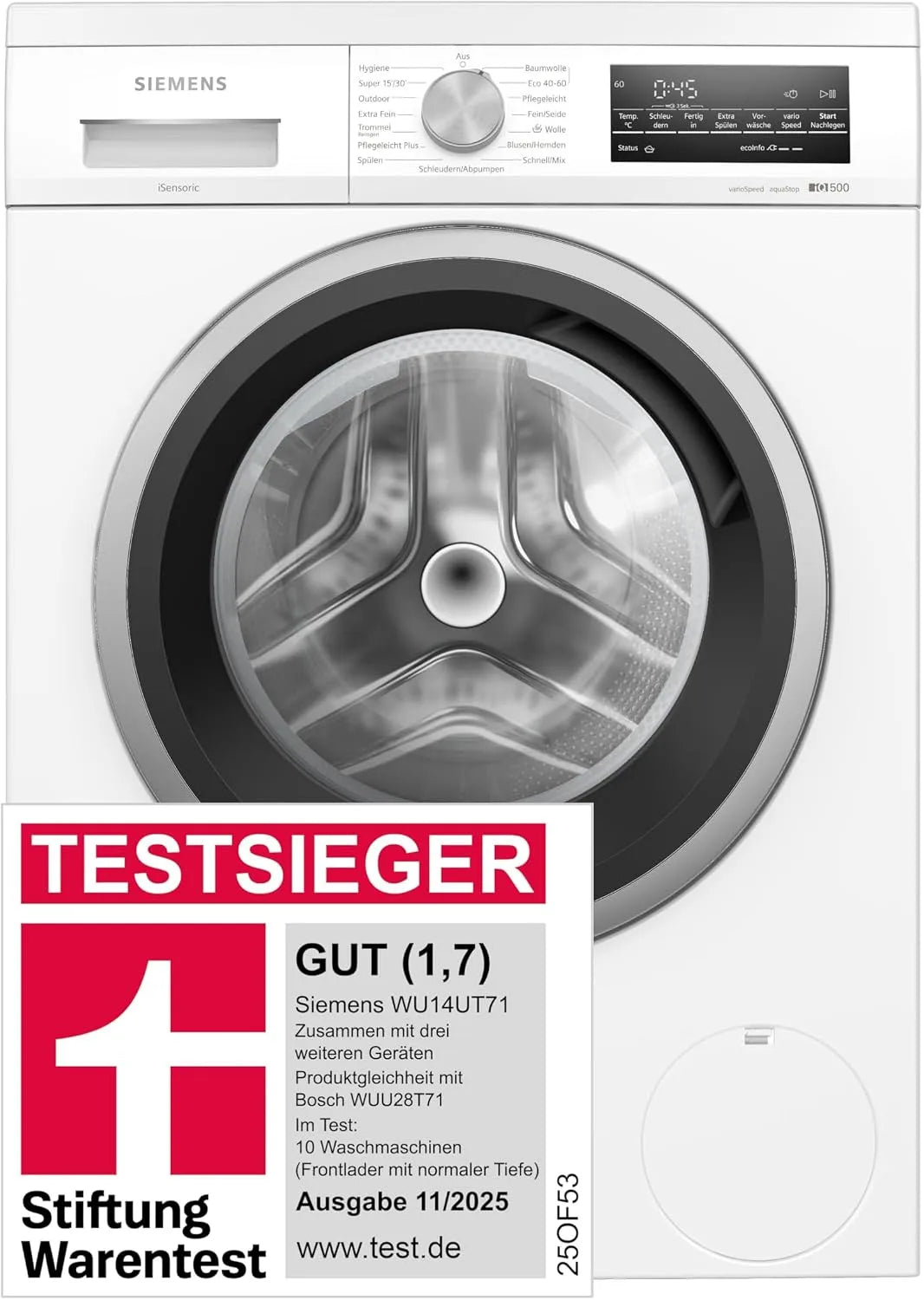 Siemens iQ500 WU14UT71, Vaskemaskiner, Underbygnings vaskemaskine 8 kg 1400 UpM, Hvid, 8 kg, 10 v, 69 dB, 15 g